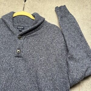 J Crew Sweater Mens Large Lambswool Blend Shawl‎ Collar Button Neck Blue